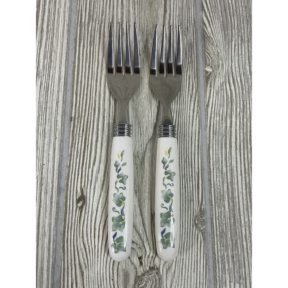 Vintage Ivy Leaf Pattern Stainless Steel Salad Fork Set White Ceramic Handle 2pc